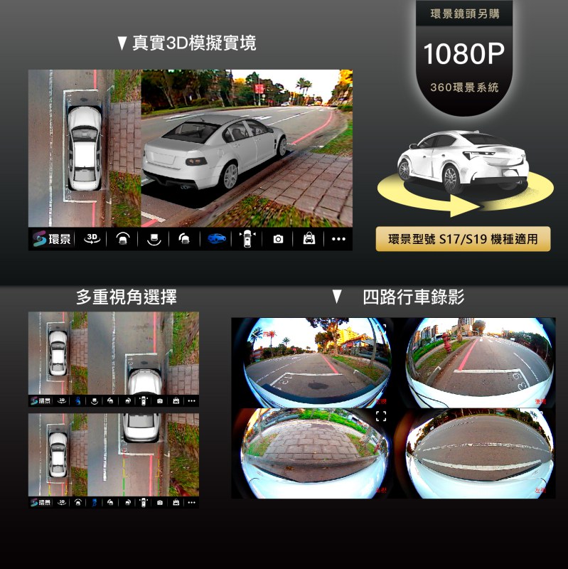 360車用環景套件，真實3D模擬實景，多重視角選擇，四路行車錄影