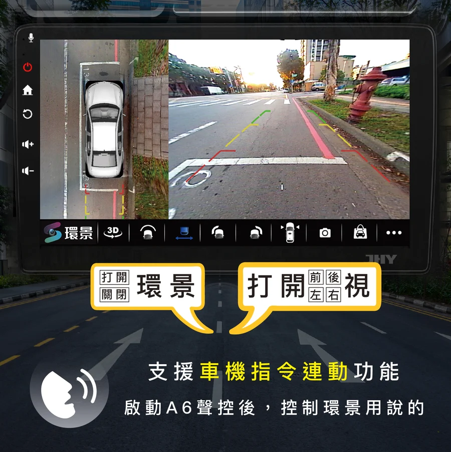 JHY A6 聲控功能連動環景系統，用說的即可切換前後左右視角或打開環景，提升停車與行車安全。