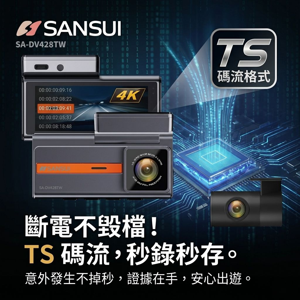 SANSUI SA-DV428TW TS 碼流技術示意圖，秒錄秒存防止檔案損毀毀損