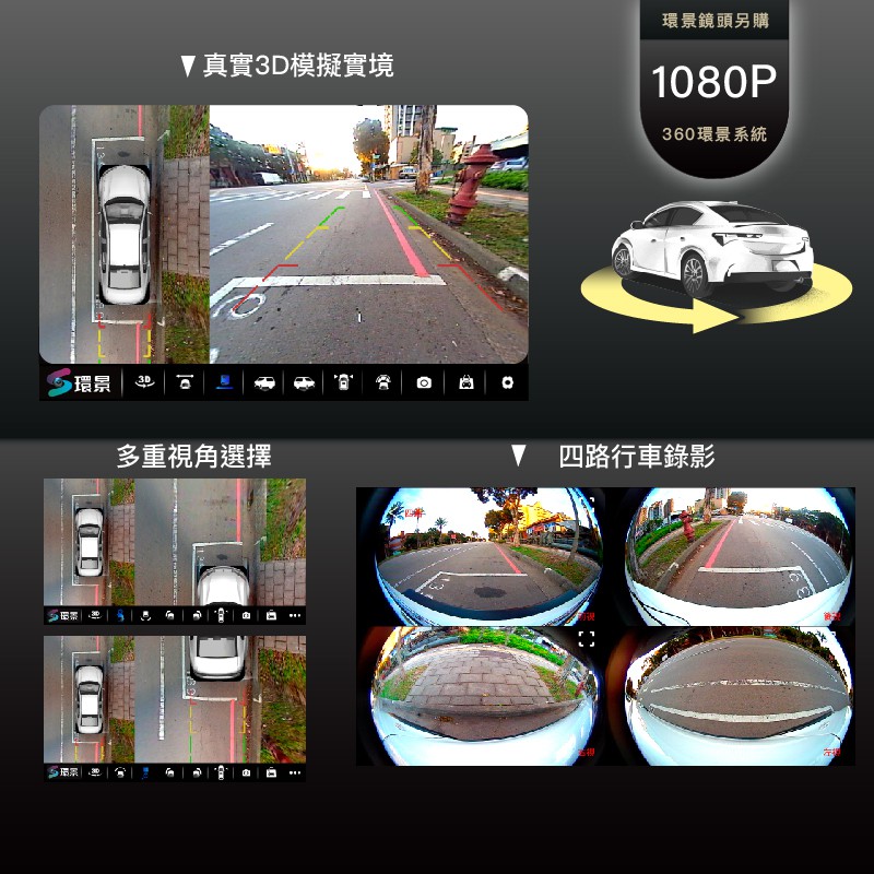 360車用環景套件，真實3D模擬實景，多重視角選擇，四路行車錄影