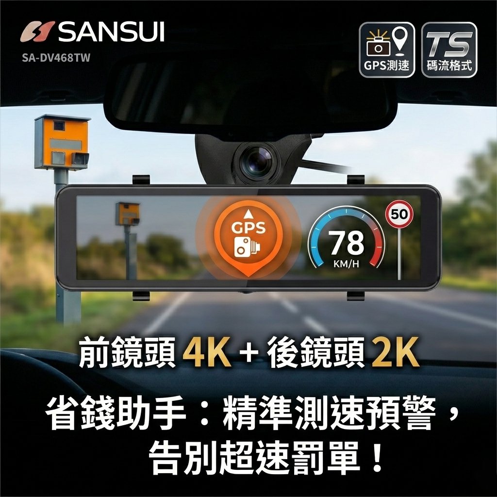 老是擔心路邊測速照相？SANSUI SA-DV468TW 搭載精準 GPS 測速預警系統，即時語音提醒路段限速。搭配前 4K 後 2K 頂級畫質與 TS 碼流技術，是您開車出遊的最佳省錢助手與安全守護者。