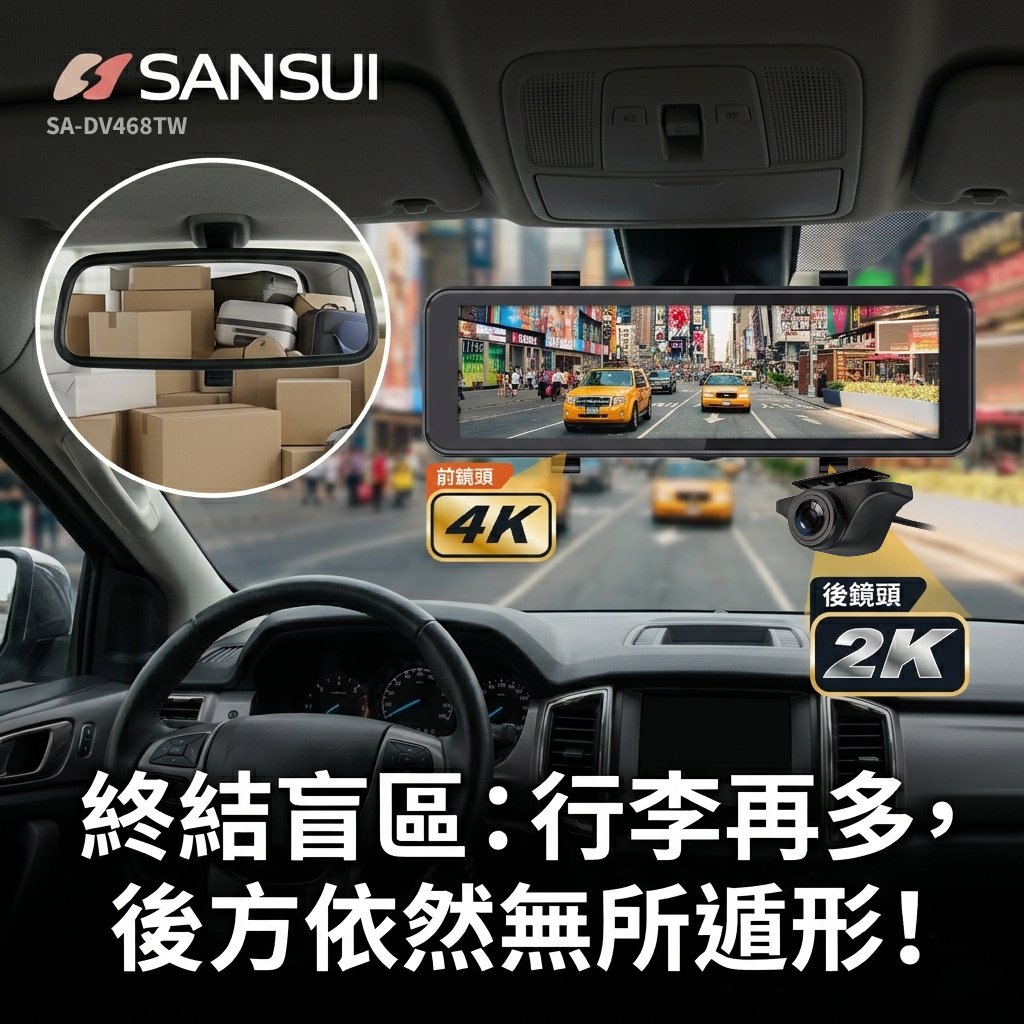 行李箱堆滿了看不見後車？SANSUI SA-DV468TW 透過電子後視鏡技術，將後方畫面清晰傳輸至大螢幕，完全取代傳統鏡面。提供後鏡頭 2K 解析度與 160 度超廣角，讓視線死角無所遁形，提升駕駛安全。