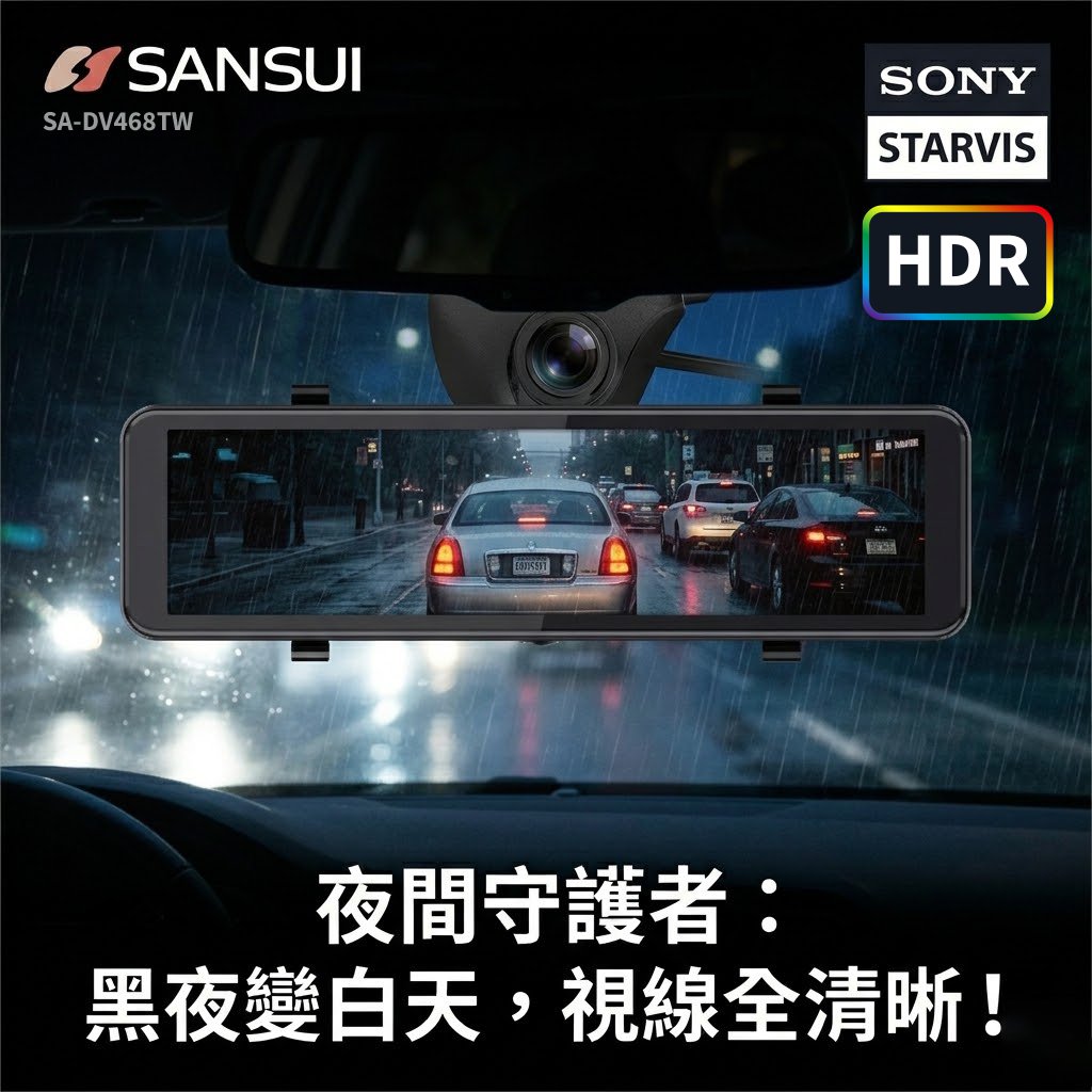 雨天與黑夜不再是駕駛惡夢！SANSUI SA-DV468TW 配備 SONY STARVIS 頂級星光夜視感光元件與 HDR 強光抑制技術，即使在低光源或強光直射環境下，後方車牌依然清晰可見，為您的夜間行車安全強力把關。